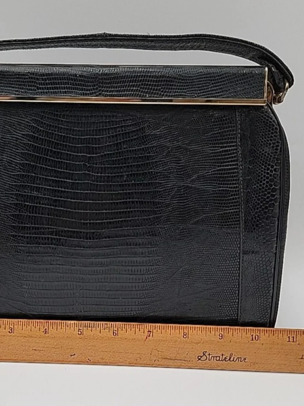 Vintage Sterling USA Black Genuine Lizard Skin Handbag Mid Century Frame Purse